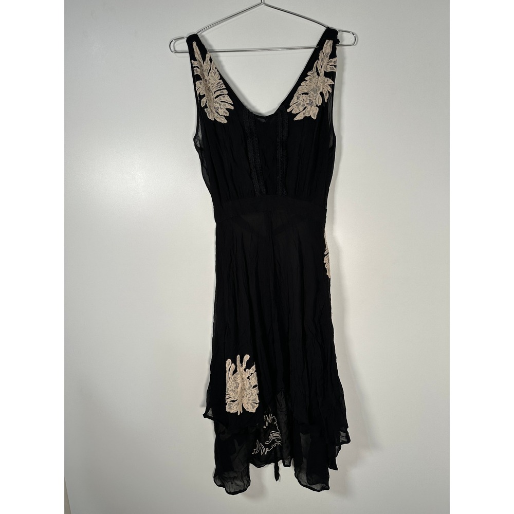 Y2K Free People Black Sheer Floral Lace Applique High Low Midi Dress Boho XL